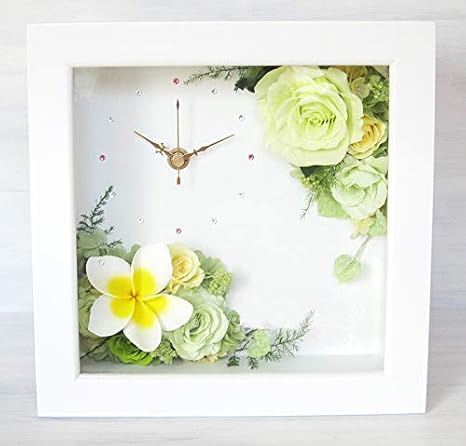 Amazon プレゼント 花 プリザーブドフラワー プルメリアの花時計スクエアタイプ グリーン フレーム 時計 バラ プルメリア 花 ギフト 母の日 父の日 誕生日 結婚 開業 開店 ボックスフラワー プリザーブドフラワー オンライン通販