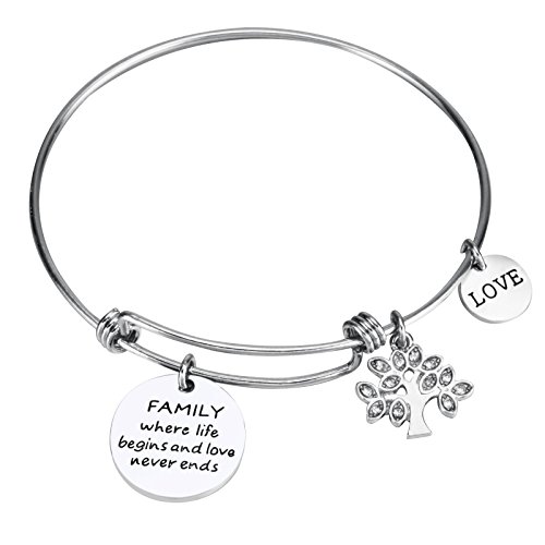 Udobuy Expandable Family Tree Charm Bangle - Family Where Life Begins and Love Never Ends and Love Inscriptions Bracelet
