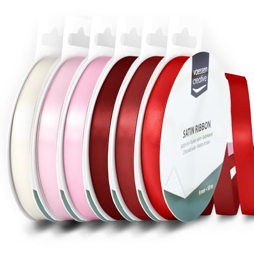 Vaessen Creative Satin Ribbon 0.35 x 32.8 ft (9 mm x 10 m) - Double-Sided Thin Ribbons for Crafting and Gift Wrapping - Love and Valentine Colours - 6 Pieces