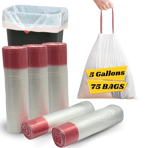 VESTA VITA - 5 Rolls Transparent Trash bags 75 Pcs for Home and office - 45"50"CM Drawstring Garbage bag with handles - 5 Gallon Garbage bag small for Kitchen and office - Pack of 5 bin bags rolls
