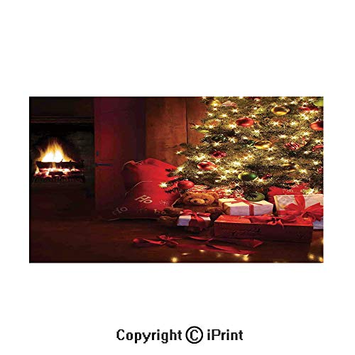 Decorative Privacy Window Film/Xmas Scene with Decorated Luminous Tree and Gifts by The Fireplace Artful Image/No-Glue Self Static Cling for Home Bedroom Bathroom Kitchen Office Decor Red Yellow