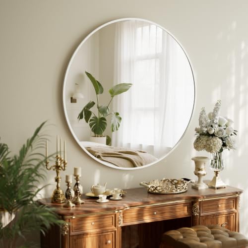 BEAUTYPEAK Ronde spiegel, 90 cm, onbreekbare wandspiegel met aluminium frame, badkamerspiegel om op te hangen en te leunen, ronde wandspiegel voor slaapkamer, badkamer, woonkamer, wit