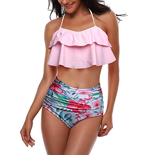 iYBUIA Sexy Leaf Print Twist Front High Wasit Bikini Set 2 Piece Bra Beach Swimsuit Pink