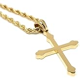 24K Gold Cross Necklace Pendant Charm with 3MM Rope Chain Gift for Men Women Baptism Religious Fashion Jewelry