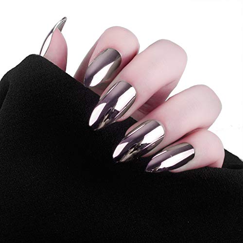 96Pcs Stiletto Fake Nails Full Cover Metal Mirror Reflection Glitter Sequins Medium Length False Acrylic Nail Kits（Gold and Silver Multicolor Mixed Series） - Thumbnail 2
