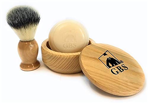 GBS Men's Wet Shave Kit Natural Beech Wood Set - Synthetic Hair Bristle Shave Brush + Beech Wood Shaving Soap Bowl Cup w/Lid Cover + Natural Shave Soap Compliments any Razor + create a great lather