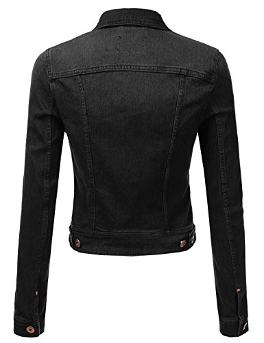 DRESSIS Womens Vintage Button Down Denim Jacket Black L - Thumbnail 2
