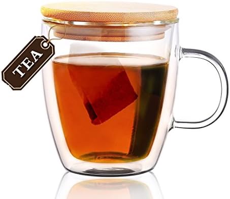 Double-Wall Borosilicate Glass Coffee Mug, Tea Cup, Travel Mug, Tumbler, Drinking Mug with Bamboo Lid(475ML)