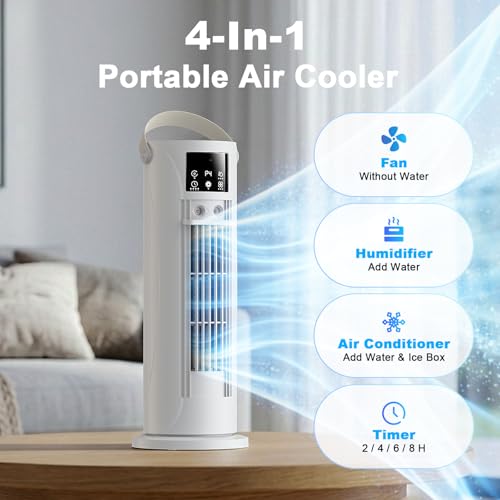 Portable Quiet Air Conditioner, 28 dB, 4 in 1 Air Cooler with Storm Mode, Fan Without Blades, Oscillation 120°, Double Mist 750 ml, 8H Timer for Home Office (Off-White)