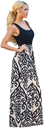 WESICA Women's Black Rosy Color Damask Print Sleeveless Long Boho Maxi Dress Sundress