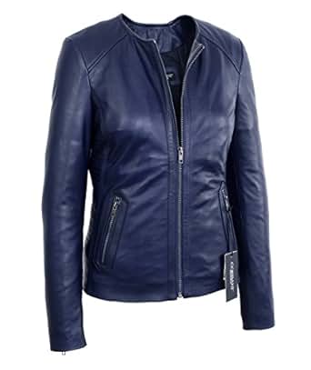 Womens Midnight Blue Collarless Lambskin Real Leather