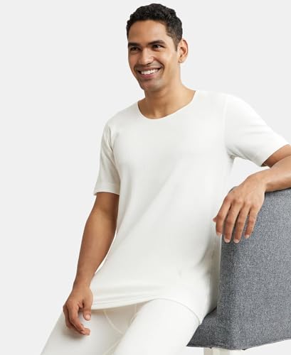 Jockey 2400 Men's Super Combed Cotton Rich Half Sleeved Thermal Undershirt with Stay Warm Technology_Off White_L 4