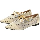 Hopomart Women's Mesh Polka Dots Breathable Pointed Toe Casual Shoes Fashion Lace Up Comfort Lightweight Slip On Flat Ballet Shoes