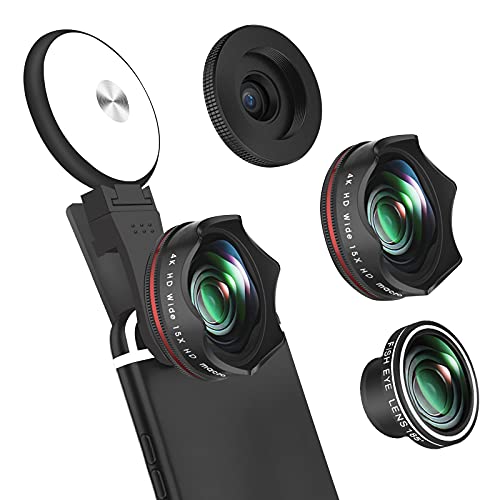 Phone Camera Lens Kit with Selfie Ring Light- 4K Wide Angle Lens