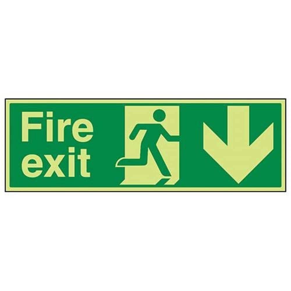 V Safety 14002BJ-GS Glow In The Dark Fire Exit Arrow Down Sign - 450mm x 150mm - Self Adhesive Vinyl
