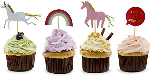 Lolipapa Cute Pink Blue Unicorn Rainbow Cake Cupcake Toppers Picks (Pack of 24pcs)