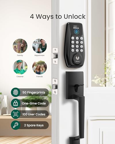 DESLOC C110 Fingerprint Keyless Entry Door Locks, Front Door Smart Lock Deadbolt with Handle Set, Auto-Lock, Backlit Keypad, 12 Months Battery, IP54, BHMA Grade 3 (Black)
