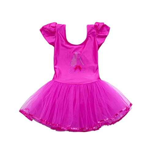 Kollmert Toddler Girls Gauze Leotards Bodysuit Dancewear Dress Short Sleeve Ballet Skirts (Hot Pink, 24M)