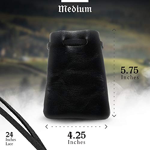 Leather Drawstring Pouch, Coin Bag, Medicine Tobacco Pouch Medieval Reenactment Made in U.S.A. by Nabob Leather (Medium 5 ¾" L x 4 ¼" W - Black)