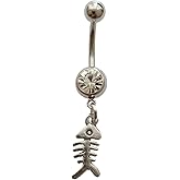 Funny Fish Bone Dangle Belly Button Ring, Mini Skeleton Charm Stainless Steel 14 Gauge Navel Barbell Ring, Ocean Beach Jewelry for Man Woman