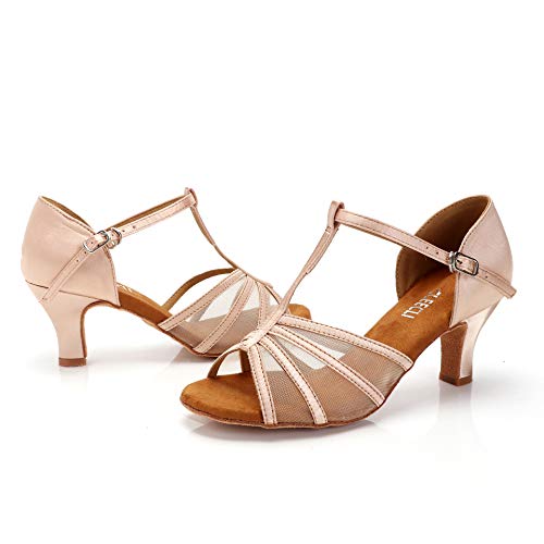CLEECLI Women's Ballroom Dance Shoes Latin Salsa Dance Shoes T-Strap Sandals 2.5" Heel ZB01(10,Nude)