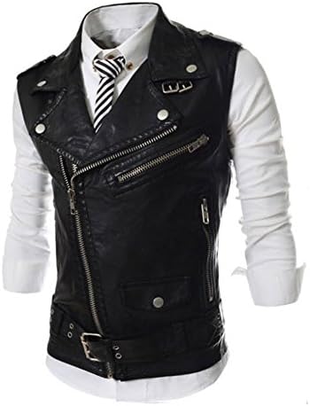 Verypoppa Men's Faux Leather Vest Sleeveless Zipper Belted Biker Waistcoat Jacket Coat