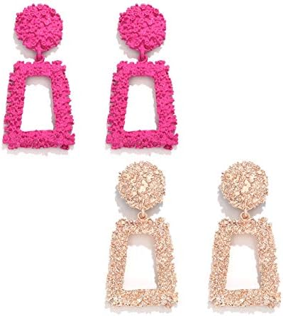 boderierRasied Statement Earrings Women Vintage Chunky Metal Textured Geometric Square Drop Door Knocker Earrings Set