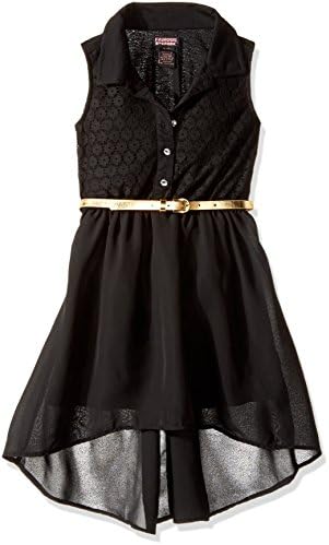 Famous Pink Big Girls' Crochet Chiffon Belted Dress, Black, 14/16