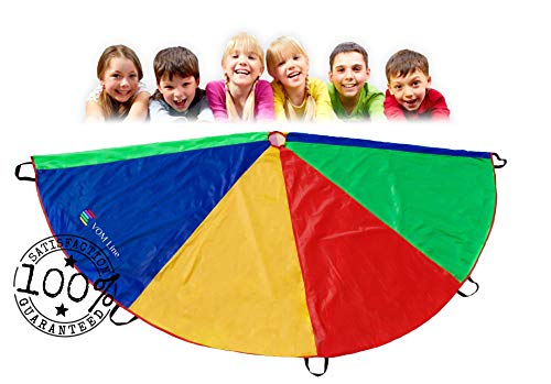 VOMLine Play Parachute 12 Foot for Kids with Extra Strong Smudge Resistant-Handles, Proper Selection of Matching Colors On The Basis of Experimental Color Testing, with High-Grade Stitching