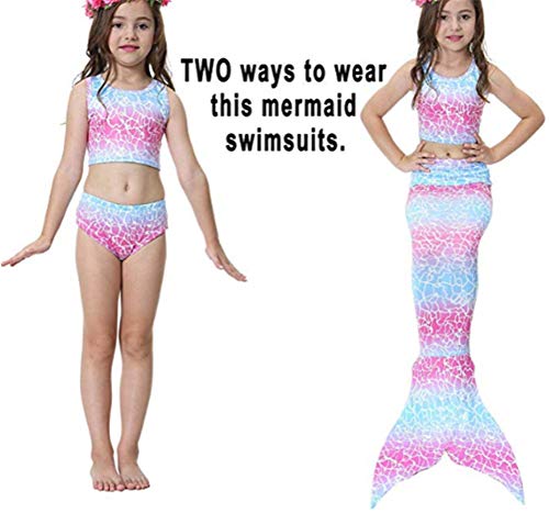 Kids Girls Sparkle Mermaid Tail with Monofin Swimmable Swimwear 4pcs Sets for Kids 3~10Years (140 (10-12 Years), Multi-Pink)