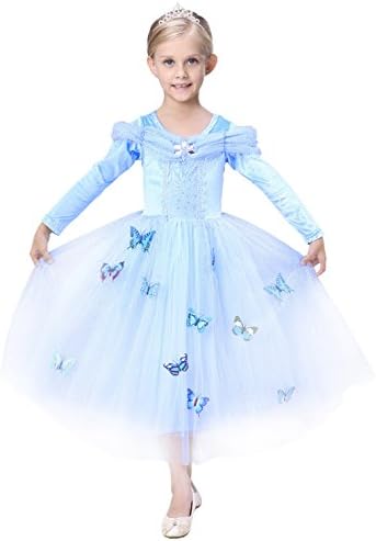Vamelia Cinderella Princess Cosplay Costume Kids Girls Party Fancy Dress Butterfly Dress, Blue 150