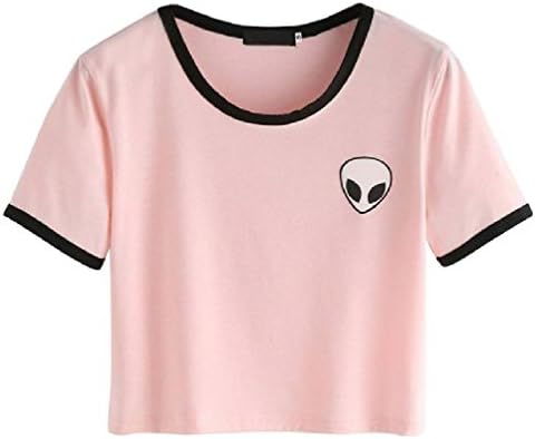 TEEN fashion Women Short Sleeve Cotton Harajuku Cute Stripe Alien Embroidery Crop Top Tee Hipster Pink T-Shirts