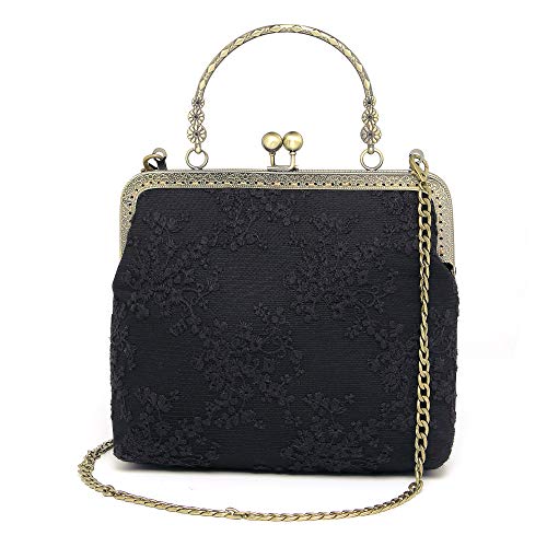Women Vintage Kiss Lock Lace Purse Handmade Crossbody Shoulder Bag for Wedding Party Handbag Black