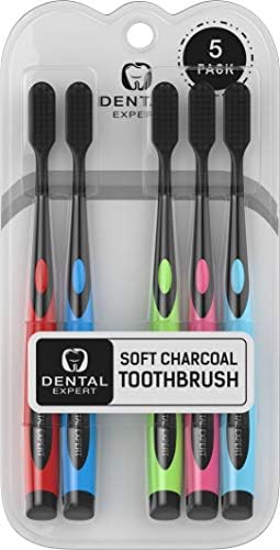 5 Pack Colorful Charcoal Toothbrush [GENTLE SOFT] Slim Teeth Head Whitening Brush for Adults & Children [FAMILY PACK] - Ultra Soft Medium Tip Bristles