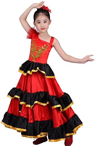 DREAMOWL Red Spanish Flamenco Belly Dance Dress Costume 4-12 Girl Attach Headflower