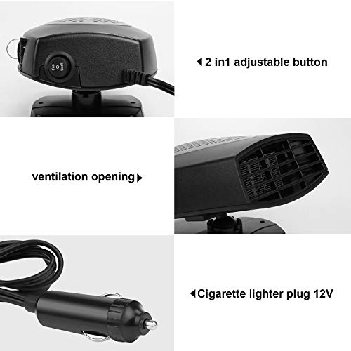 TekkPerry Portable Car Heater, 180°Rotatable Defogger,Fast Heating Car Heater Fan,Vehicle Heat Cooling Fan,12V 150W Auto Defroster Heater with Cigarette Lighter Plug for Car SUV Truck (Black 2)