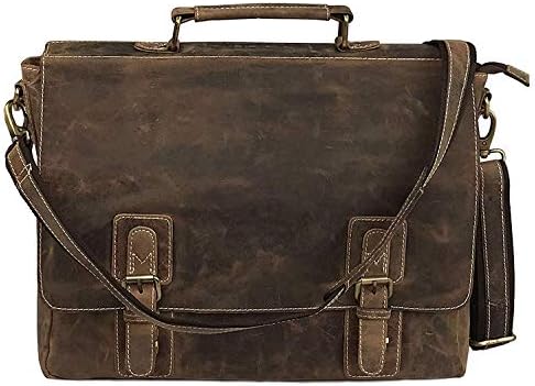 Men's Crazy Horse Leather Shoulder Messenger Briefcase, 15.5" Laptop Bag