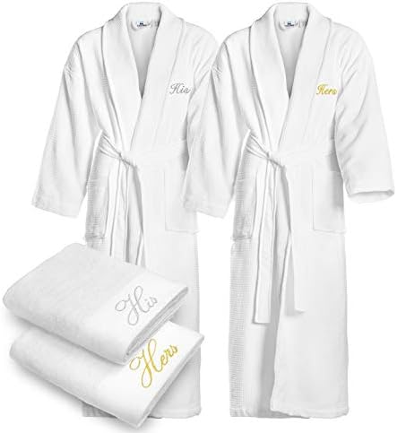 Kaufman - Embroidered Waffle Shawl Terry Lined Exterior and 100% Cotton Inside Bathrobes - His and Hers Embroidered Set of Robes with His and Hers White Towel Set 30''x58'' 4-PK