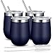 Fungun 4 Pack Stemless Wine Tumbler, 12 Oz Stainless Steel Wine Glass with Straws, Unbreakable Double Wall Cup Insulated Tumbler with Lids for Wine, Coffee, Drinks, Cocktails, Champagne(Navy Blue)