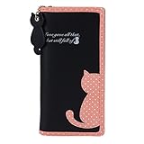 Damara Cute Dot Cat Printing Long Purse Soft Leather Bifold Zippered Wallet,Black