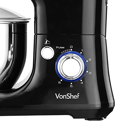 VonShef 220 Volt Food Stand Mixer | 650W | with Dough Hook, Beater, Whisk & Splash Guard - Black - Bundle With Dynastar Plug Adapters (NOT FOR USA)