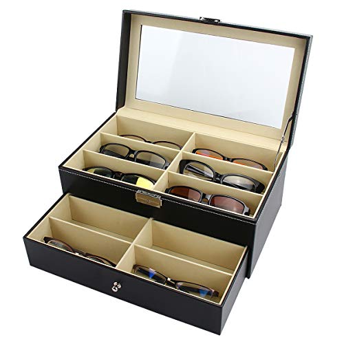 Mochiglory PU Leather 12 Slots Eyeglass Storage Sunglass Glasses Display Lockable Case Organizer