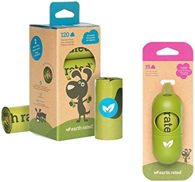 Earth Rated Green Dog Waste Bag Dispenser for Leash (Includes 15 scented bags) with 8 Unscented Refill Rolls (120-count)