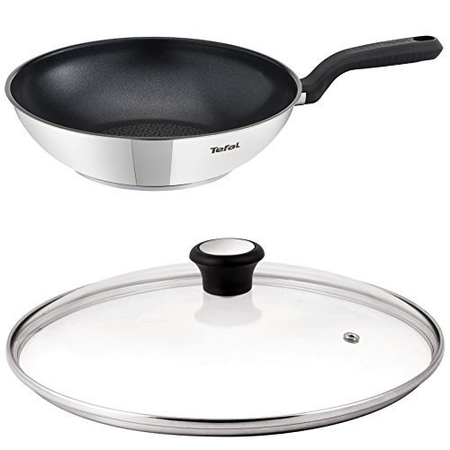 Tefal Comfort Max Stainless Steel Non-stick Wok, 28 cm - Silver & Compatible Glass Lid, 28 cm - Transparent