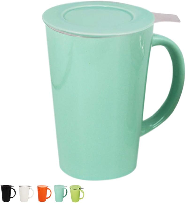 BPFY 12oz Porcelain Mug With Infuser and Lid, Ceramic Coffee Cup, Tea Cups for Coffee, Loose Leaf Tea, Milk (Light Green)