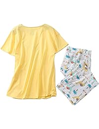 Conjunto de pijama de algodón para mujer con pantalón capri con camisetas cortas y camisón de punto de 2 piezas