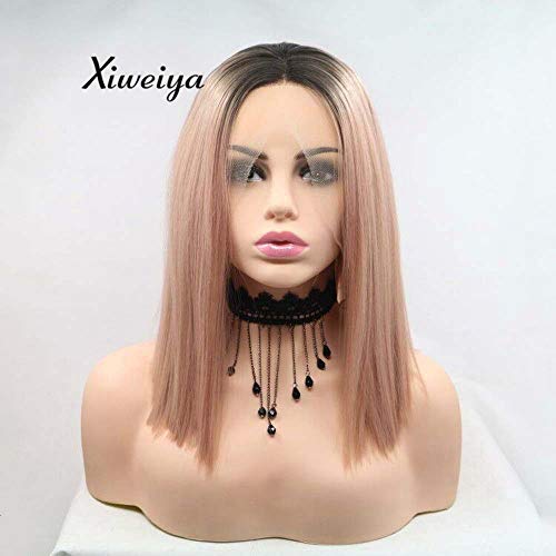 Xiweiya Peach Pink Synthetic Lace Front Wigs - Short Straight Ombre Pastel Pink Wig - Heat Resistant Fiber - 14"