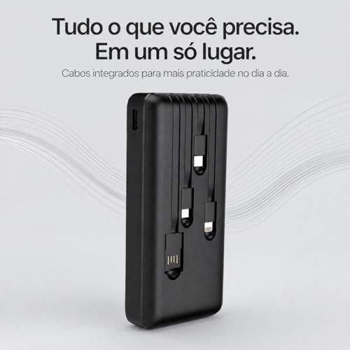 Power Bank Carregador Portátil Universal 20000mAh com Cabos Integrados USB-A, USB-C (Type-C), Micro-USB e USB-Light Carregamento Rápido Bateria Externa Compacta para Celular Android iOS(preto)