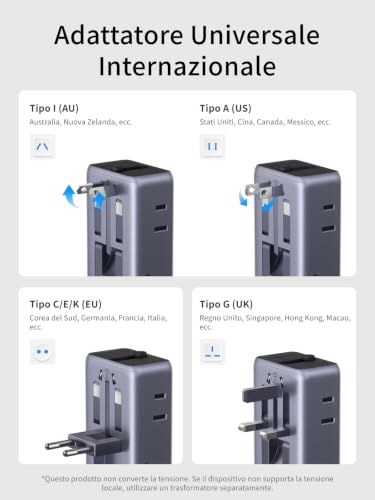 UGREEN 6 IN 1 Adattatore Universale da Viaggio PD 45W 2 Prese AC 2 USB C 2 USB A Presa Universale da Viaggio Tipo A I G C E K per Italia UK USA Germania Canada Australia Thailandia Giappone Cina