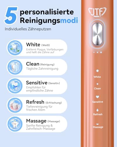 Elektrische Schallzahnbürste mit UV Reinigung und Trocknung Kabellose Ladestation, 5 Reinigungsmodi, 6 Ersatzbürstenköpfe, Spülbecher, Wiederaufladbar für Zuhause und Reisen (Orange)